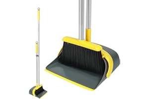 Ensemble balai et pelle à poussière Dirty Fox avec manche de 137 cm de long - Ensemble parfait de pelle et balayette pour un nettoyage efficace à la maison (Jaune et Gris)