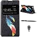 Produktbild Sony Xperia M5 Schutzhülle Leder Hülle, Alfort 3 in 1 Flip Fashion Design Dual Use Falten Premium PU Leder Tasche Case Cover Flip Fenster Window Touch Screen für Sony Xperia M5 5.0" Smartphone Funktion Standfunktion Unterstützte Telefone mit Farbige Federn ( Schwarz ) + Netter Staub Stecker + Alfort Schwarz Stylus Pen