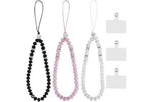 AMANDELIZABE Lote de 3 cuerdas cortas para teléfono móvil, colgante con perlas y piedra de cristal natural, universal con 3 almohadillas, Weiß, Rosa, Schwarz