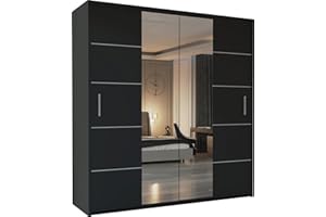 MN FURNITURE Wavy Sliding Mirror Door Wardrobe with Shelves, Hanging Rails Provide Plenty of Storage For Bedroom (Black, 203cm)