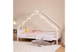 JINPALAY Cama Infantil con Barrera Reja Protección Casita Forma de casa para Niña y Niño Cama Montessori de Madera Pino 90 x 190 cm Blanco (Cama Infantil Blanco)