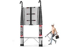 LUCN 5M Thickened Telescopic Ladder with Detachable Hooks Stainless Steel Extendable Foldable 16.5ft Ladder, Stronger than Aluminum Ladder
