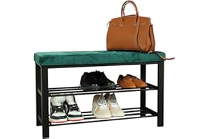 Froppi Premium Ottoman Shoe Bench Storage with Seat, 2-Tier Black Metal Shoe Rack Bench with Seat for Entryway, Bedroom, Closet and Hallway L81.5 W33 H50 cm Teal Velvet Cushion
