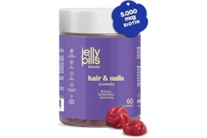 Jelly Pills® Gominolas para el Pelo con Biotina 5000 mcg, Ácido Fólico y 7 Vitaminas - Sin Azúcares Añadidos - 60 Gummies Veganas sabor Frambuesa para el Crecimiento del Cabello y Previene la caída