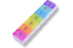 MEDIPILL - Portapillole settimanali italiane | Un pezzo - 7 giorni / 7 scomparti | Portapillole settimanali | Scatola per medicinali con bottoni | Arcobaleno | MED-S7B-BA-I