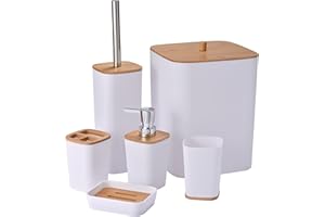 Yorkmills 6 Pieces Bamboo Bathroom Accessories set, Bathroom Accessory set, Bathroom Bin Toilet Brush Set, Durable Toothbrush Holder Cup, Soap Dispenser With Pump, Soap Dish Holder, Modern Trash Can