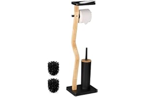 Relaxdays Escobillero y Portarrollos para Baño, 80,5x23x18 cm, Bambú, Vertical, Escobilla con Soporte, Negro/Natural, Plástico, Hierro