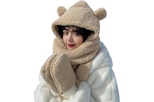 IBLUELOVER Ensemble 3 en 1 Chapeau Echarpe Moufle Femme Fille Bonnet Hiver Chaud en Peluche Chapeau Chapka Cagoules avec Foulard et Gants Cache Oreilles Capuche Bonnet de Ski Voyage Noël Outdoor