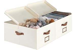 StorageWorks Extra Large Storage Boxes with Double-Open Lid, 55L Fabric Storage Baskets with Divider Board, Clothes Storage Boxes with Lid, Linen Organisers with Handles, Ivory White, 2-Pack