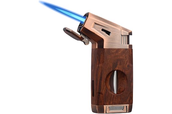 LEKEFETO Briquet à cigares avec cutter rechargeable, fonction 360° et système de sécurité (noyer), avec coupe-V, allumage par pression (sans gaz)