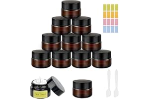 MAXMOC 12 Stück Amber Glas Cremedose zum Befüllen, 5ml Salbentiegel, Braunglas Creme Behälter mit Spatel und Aufkleber, Cremetiegel Leerdose für Lotion, Creme, Kosmetik