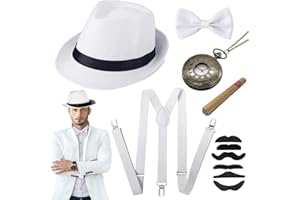 JORAKI Gatsby Accessori Uomo Anni ‘20 con Gangster Cappello Bretella Papillon Baffi Finti Orologio da Taschino,Set Costumi da Uomo per Travestimenti Feste di Ruolo Halloween
