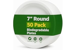 1ABOVE 50 Pack Extra Strong White Disposable Bagasse Plates, 100% Compostable and Biodegradable, Made from Sugarcane Fibre, Perfect for BBQ, Wedding, Office, Picnics and Parties (7 INCH)