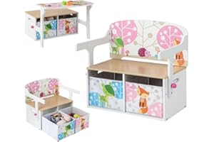 Maxmass 3-in-1 Kids Table and Chair Set, Convertible Toddlers Bench Storage Chest with 2 Removable Fabric Bins, Wooden Toy Storage Organizer Toy Box for Children Room, Playroom, Daycare (White)