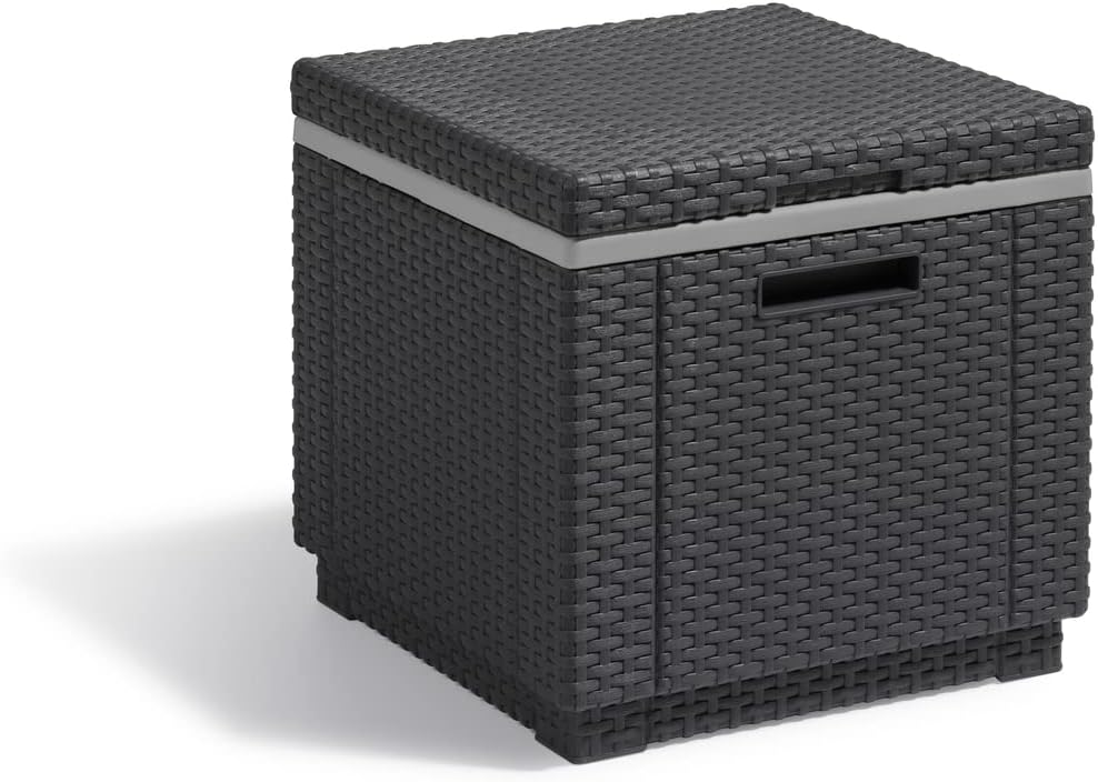 Keter Ice Cube Mesa Nevera para terraza o jardín Exterior, Resina con Acabado ratán Plano, 42 x 42 x 41 cm, Color Grafito