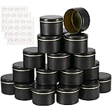 SINJEUN 48 PCS 4 oz Black Candle Tins with Lids, Metal Tin Cans Round Empty Containers with Stickers, Candle Containers for C