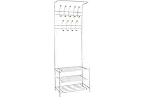TecTake® Appendiabiti Stand con 3 Ripiani Portascarpe e 18 Ganci, Guardaroba Salvaspazio per Ingresso, 66 x 187 x 33 cm, Design Moderno, Facile da Montare, Arredamento Casa - Bianco