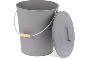 Relaxdays Cubo Cenizas con Tapa, 24 litros, Accesorio Chimenea, BBQ, Acero y Madera, Contenedor Ceniza con Asa, Gris