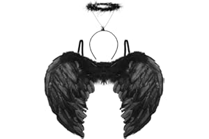 Aurasky Alas de Angel Negro, Diadema Angel, Alas Demonio, Disfraz Angel Negro, Disfraz Diablo Mujer, Alas Negras para Niños Adultos Mascarada Halloween Carnaval Cosplay Fiesta