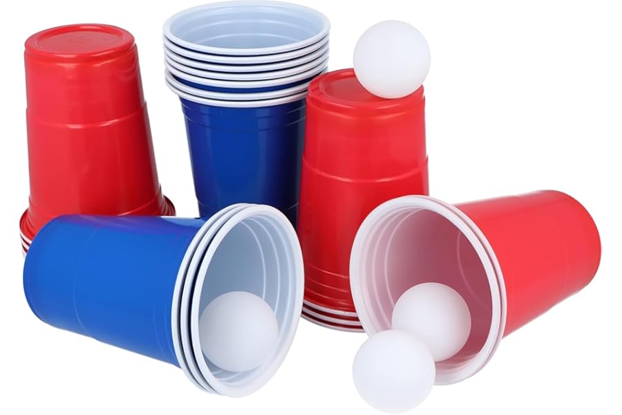TOIS Party Game Set, 24 Pieces: 10 Red Cups, 10 Blue Cups (16oz Each), 4 Balls – Perfect for Drinking Games & Gatherings