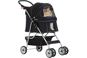 BestPet 4-Wheel Pet Stroller Dog and Cat Stroller Breathable Mesh Lightweight Travel Carrier Waterproof & Foldable Design Storage Basket for Daily Walks & Outdoor Use，Black