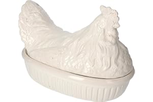 Keyhomestore-Gallina in Ceramica Centrotavola – Colore Bianco Lucido, Decorazione Shabby Chic per Tavola di Pasqua, Porta Uova, Stile Country, Idea Regalo H24 x L33 cm