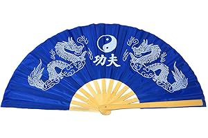 Medifier Chinese Kung Fu Tai Chi Fan Arts Dance/Practice Performance Bamboo Folding Fan Dragon And Phoenix blue background