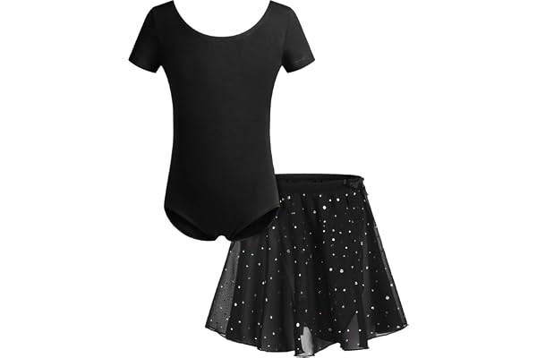 Bricnat Robe de Ballet pour Filles Justaucorps de Ballet pour Enfants Manches Courtes/Longues Robe de Danse Corporelle en Coton avec Jupe Tutu en Mousseline De Soie 2-10 Ans