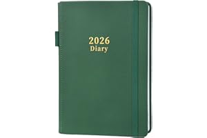 Moseem Diary 2026, 2026 Diary A5 Page a Day from 2026 January to December,Hardcover Daily Planner,Elastic Pen Holder,2 Bookmark,Pen Loop and Inner Pocket,Green