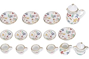 Zerodis Dollhouse Tea Set,1:12 15PCS Simulation Miniature Porcelain Flower Tea Cup Set Teapot Teacups Plates Dishes Model Toy for Fairy Gardens Dollhouse Kitchen Decoration(Colorful Flowers)