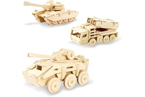 Georgie Porgy Kids Toys Construction Woodcraft Kits Wooden Model Puzzle Kits Age 5 Pack of 3 Jigsaw (Military Car Tank Explosion-proof Vehicle)