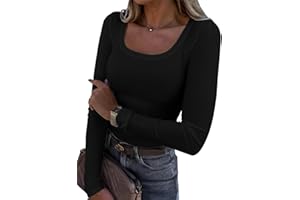 RIROW Damen Langarmshirt U-Ausschnitt Slim Fit Rippstrick Oberteil - Langarm Tee Shirt