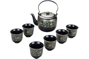 fanquare Juego de Té Japonés de Porcelana Kungfu,Tetera Grande Negra con Flores Doradas, Servicio de Té Hecho a Mano con 6 Copas
