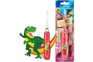 BRUSH-BABY Brush Baby KidzSonic Cepillo de dientes eléctrico para niños y niños mayores de 3 años - Dinosaurio