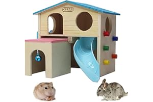 PINVNBY Wooden Hamster House Small Animal Hideout Climbing Ladder Slide Hut Play Toys for Chipmunk Mouse Rat Hedgehog (Blue)