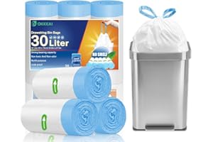 OKKEAI Drawstring Bin Bags 30l Bin Liners White Kitchen Trash Bags Tie Handle Pedal Swing Waste Bags 30 Counts Strong Large Garbage Bags for Garden,office,Fit 23L,25L,35L Tall Rubbish Bin