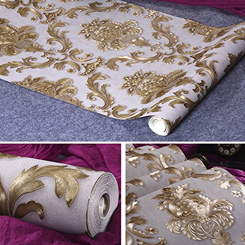 Kaluori 32,8 Ft x1.738ft Luxus Metallic Gold und Creme Strukturierte Damast Tapete Home Raum Wand Papier Rollen für Wohnzimmer, Schlafzimmer, Bars - 4