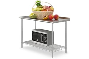 FIDOOVIVIA Kitchen Prep Table, Food Prep Worktable, 120 x 60 x 80cm 2-Tiers Stainless Steel Tables Catering Kitchen Island Table Silvery with Adjustable Wire Undershelf & 3.5CM Worktop Backsplash