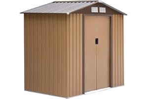 Outsunny Cobertizo de Jardín 2,42m² con Base de Refuerzo Sin Suelo 213x130x185 cm Caseta de Jardín Exterior con 2 Puertas Correderas y 4 Ventanas para Almacenamiento de Herramientas Caqui