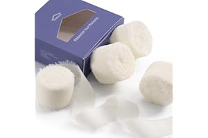 FAKILO Nastro in Chiffon con Frangia Fatto a Mano 4 Rotoli 1'' X 5 Yd Bianco Cearm, 20 Yd in Chiffon di Seta per Inviti di Nozze, Bouquet da Sposa, Confezione Regali