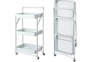 MEGASHOPITALIA Carrello Cucina Pieghevole Multiuso con Manico 3 Ripiani Cestelli 4 Ruote girevoli e Freno Integrato in Metallo Trolley Salvaspazio da Servizio Bianco