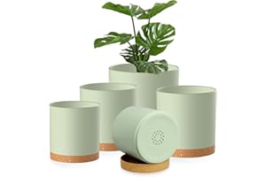 Homeuouz 5 Packs Blumentopf mit Untersetzer, 17.8/15.2/14/12.7/10.2cm Pflanzentopf, Plastik Übertopf, Hydrokultur Topf, Blumentöpfe Set Ideal für Innen und Balkongärten, Grün mit braunes Tablett