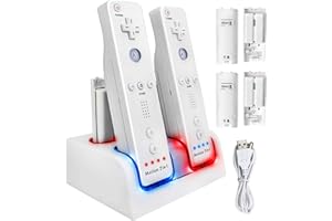 TechKen Charging Docking Station for Wii Controller, Remote Charger Dock Stand Cable Adapter with 4 Rechargeable Batteries (White)
