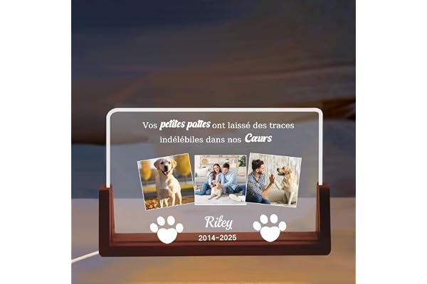 Umitive Veilleuse Mémoire pour Chien Personnalisée – Lampe LED avec Photo & Nom d'animal, Cœur & Empreintes de Patte, Cadeau de Deuil pour Amoureux des Chiens, Souvenir avec Date (Style A)
