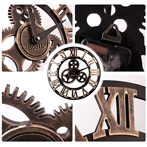 HooYL stylische Wanduhr im Vintage Look mit dekorativem Zahnrad und römischen Ziffern aus Holz (Farbe Kupfer) - 4