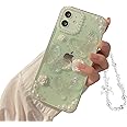 Ownest Compatible for iPhone 11 Case 3D Butterfly Floral Clear Design Aesthetic Women Teen Girls Glitter Pretty Crystal Sparkly Cute Girly Phone Protective Cover for iPhone 11+Pearl Chain