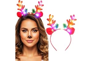 Reaky Bandeau lumineux de Noël à LED avec bois de renne à paillettes - Serre-tête clignotant avec oreilles de cerf - Accessoires pour cheveux pour femme