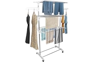MUL-BOUTIQUE Faltbarer Wäscheständer mit 3 Ebenen, geeignet für Wäschetrockner aus Edelstahl, innen und außen, mit Rollen (Edelstahlrohr)