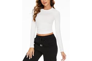 Zueauns Langarmshirt Damen Y2K Langarm Crop Top Rundhals Slim Fit Oberteile Pullover Einfarbig Basic Großformat unterziehshirt Sweatshirts
