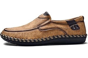 Hoefirm Men's Loafers Flat Leather Slippers Casual Slip on Shoes Breathable Moccasin Hand Stitched Walking Shoes